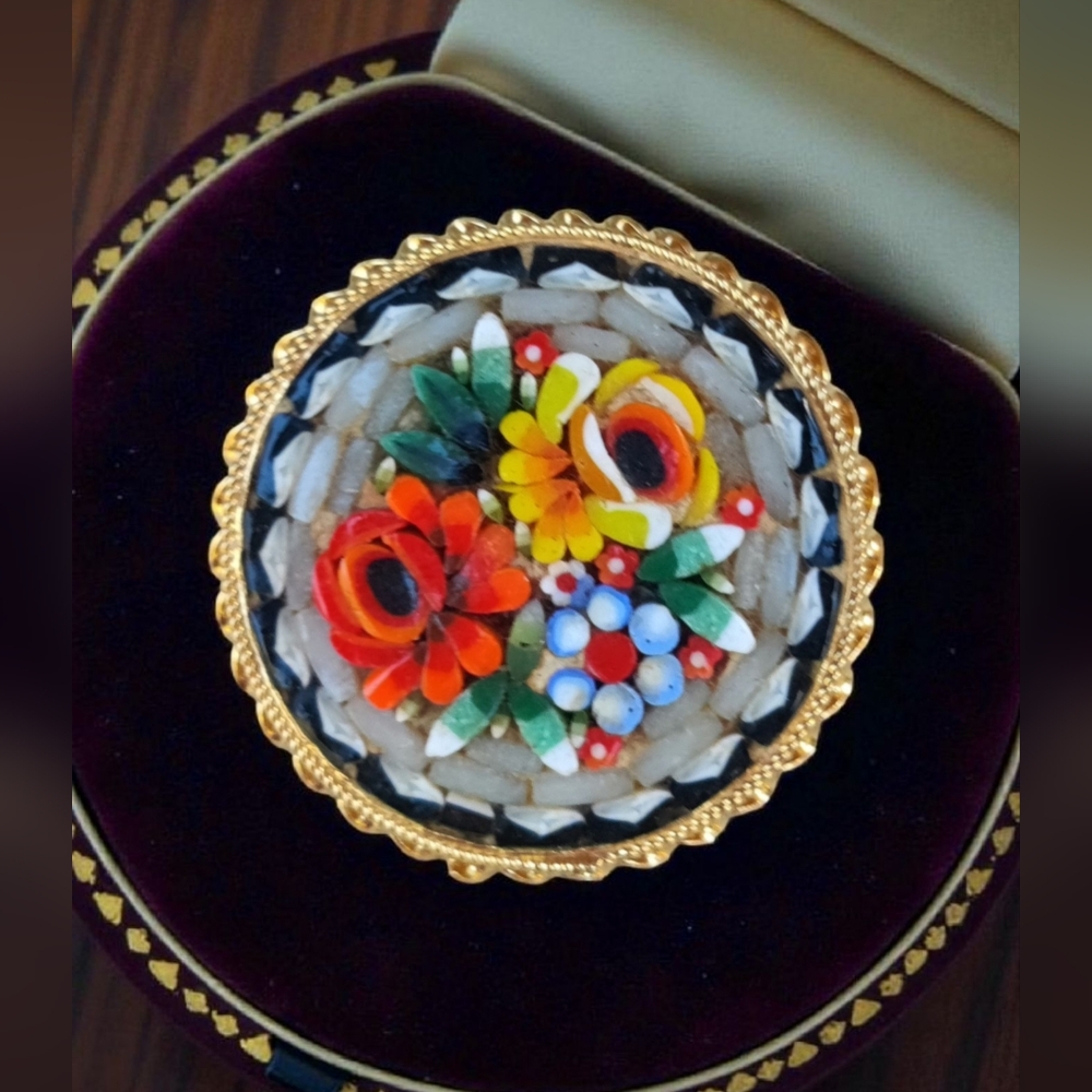 Vintage Italian Micromosaic Italy Signed Floral Brooch